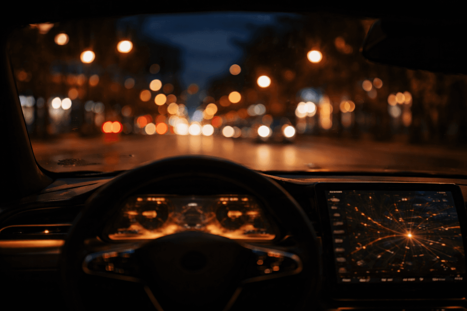 Night driving scene with warm amber ambient light
