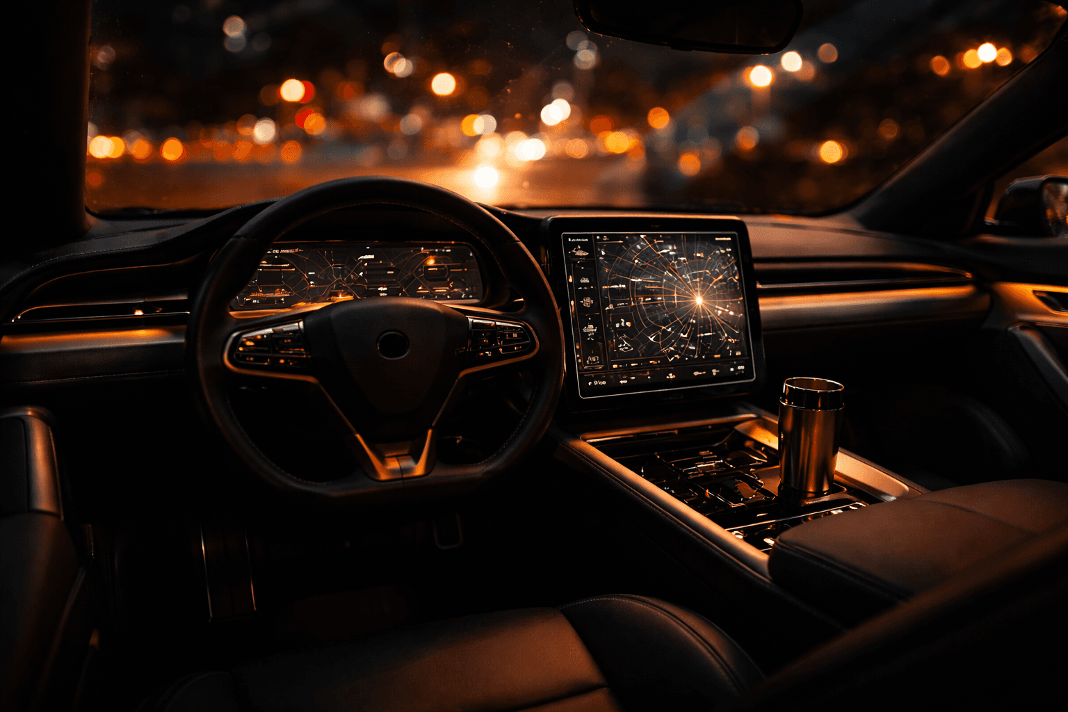 Interior of a luxury modern car at night with illuminated dashboard and bokeh city lights in the background